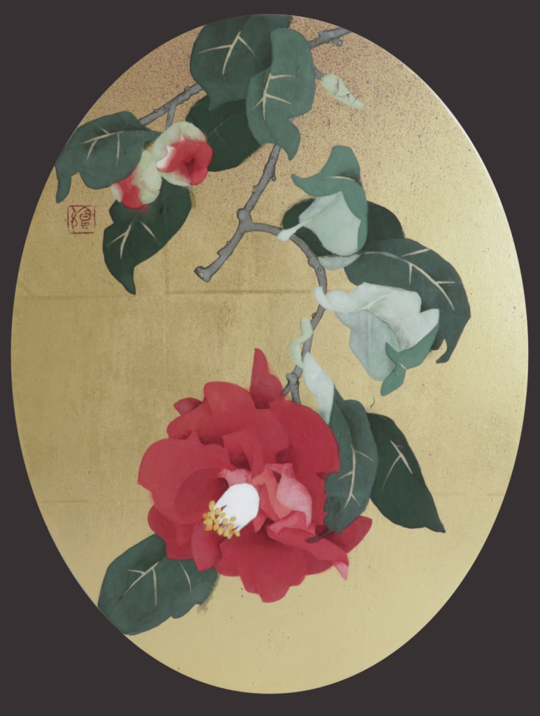 湯口絵美子「椿一枝」５号ovel・金箔・岩絵具